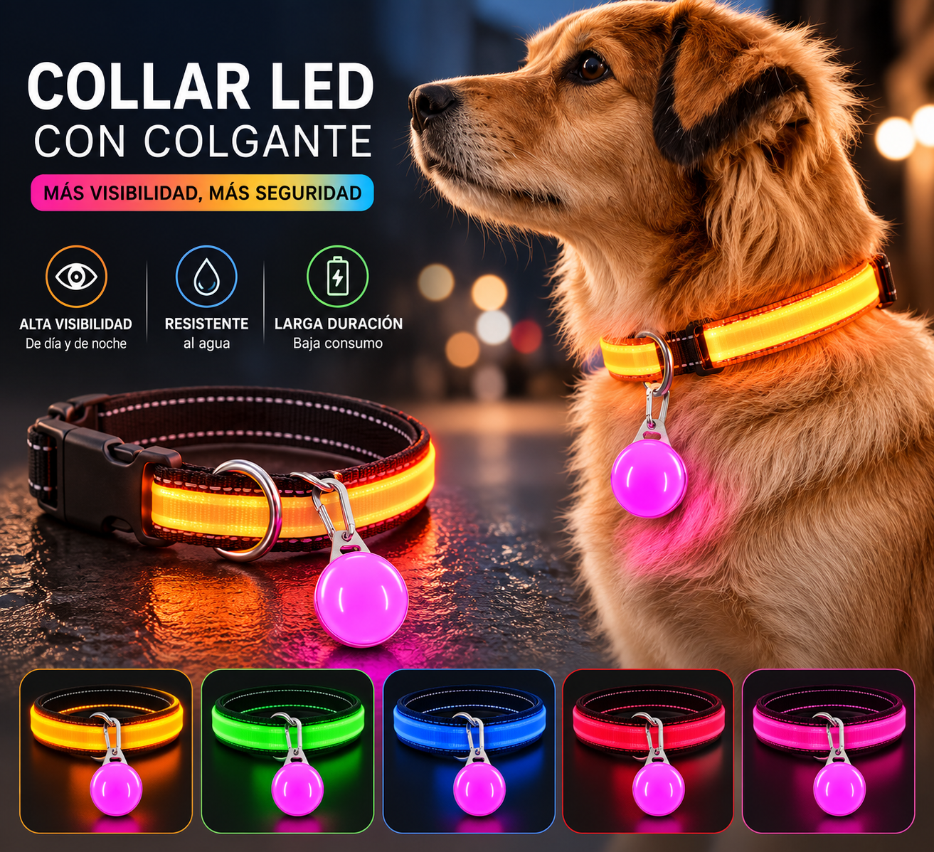 Collar LED + Colgante LED para Perros — Kit Seguridad Nocturna